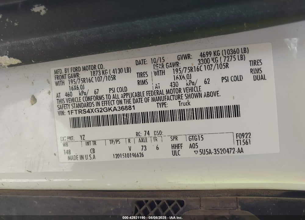 2016 FORD TRANSIT-350 VIN: 1FTRS4XG2GKA36881