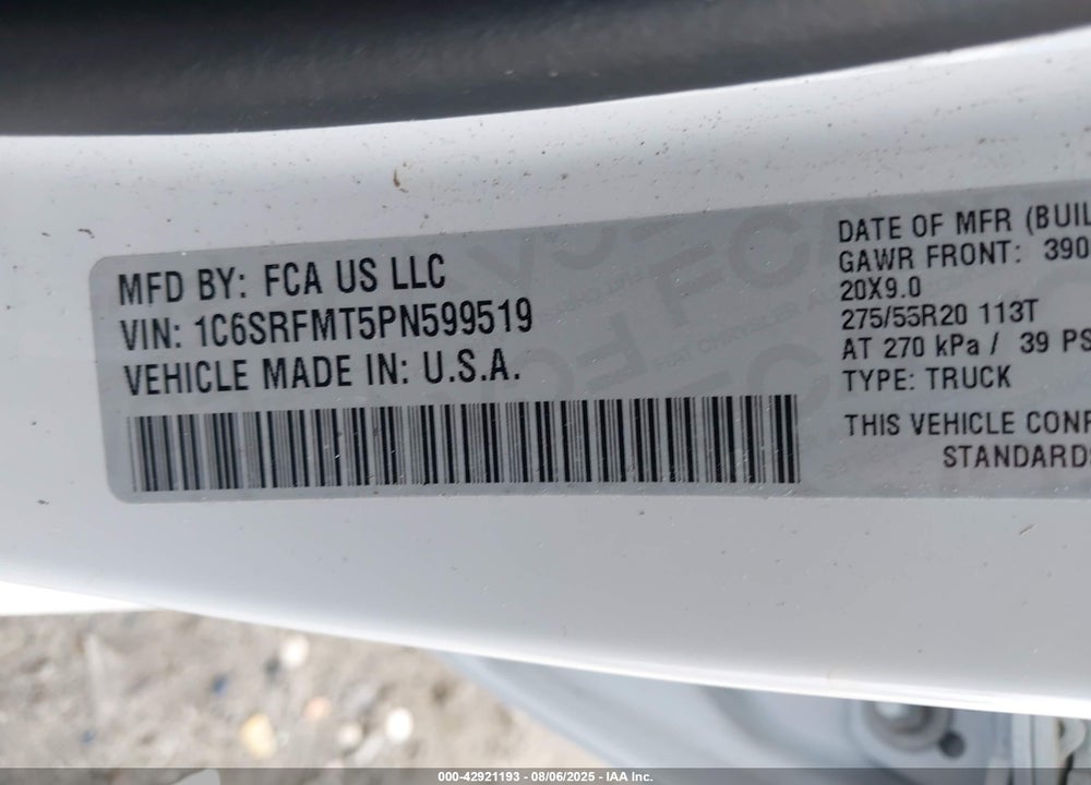 2023 RAM 1500 BIG HORN 4X4 6'4 BOX VIN: 1C6SRFMT5PN599519