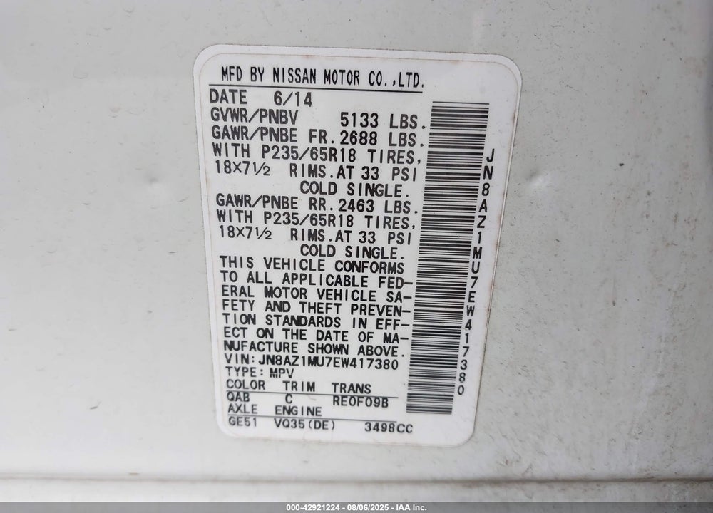 2014 NISSAN MURANO S VIN: JN8AZ1MU7EW417380