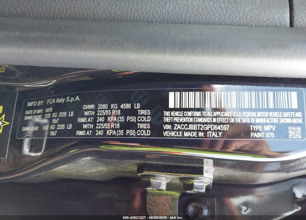 2016 JEEP RENEGADE VIN: ZACCJBBT2GPD64597