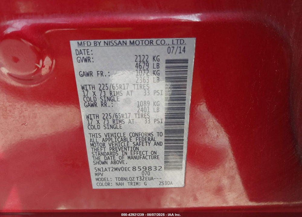 2014 NISSAN ROGUE VIN: 5N1AT2MV0EC859832