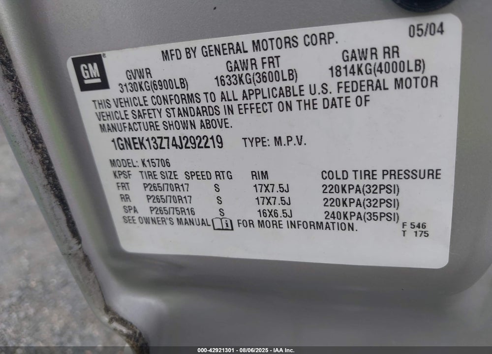 2004 CHEVROLET TAHOE K1500 VIN: 1GNEK13Z74J292219