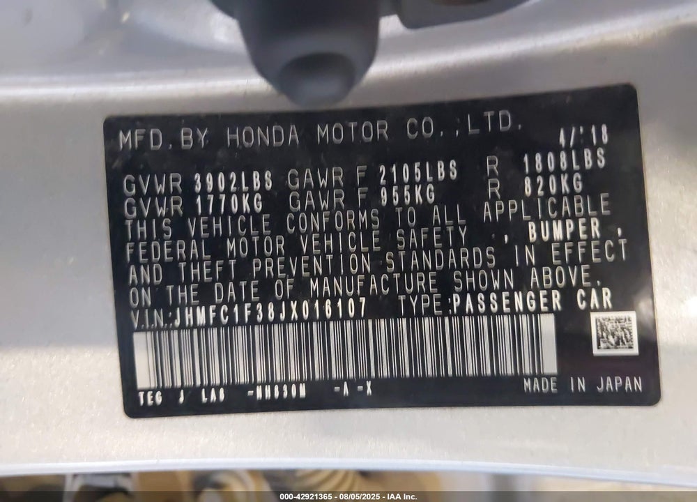 2018 HONDA CIVIC EX-T VIN: JHMFC1F38JX016107