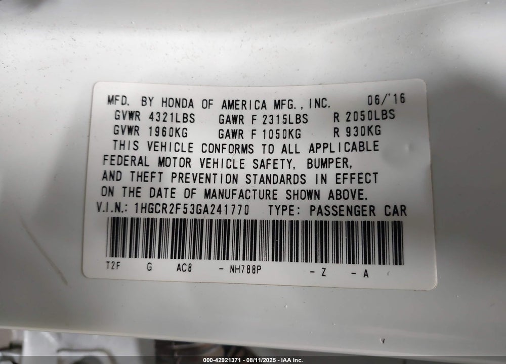 2016 HONDA ACCORD VIN: 1HGCR2F53GA241770