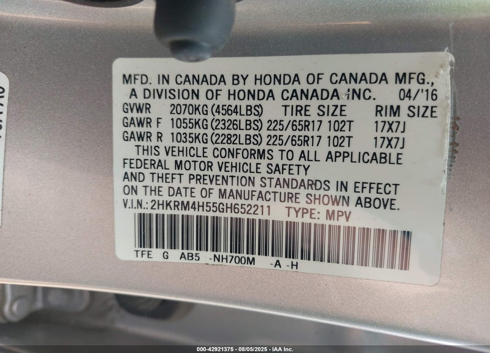 2016 HONDA CR-V EX VIN: 2HKRM4H55GH652211