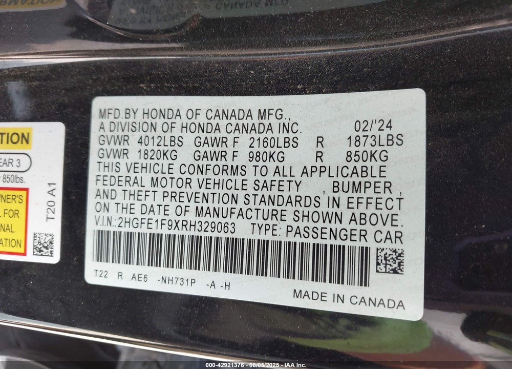 2024 HONDA CIVIC VIN: 2HGFE1F9XRH329063
