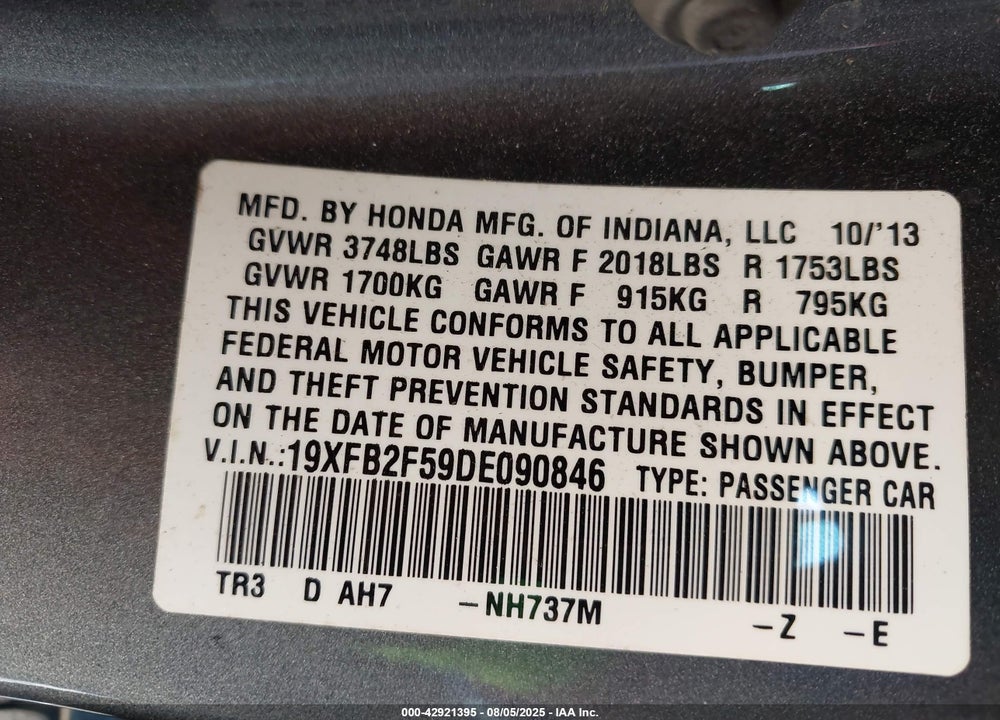 2013 HONDA CIVIC LX VIN: 19XFB2F59DE090846