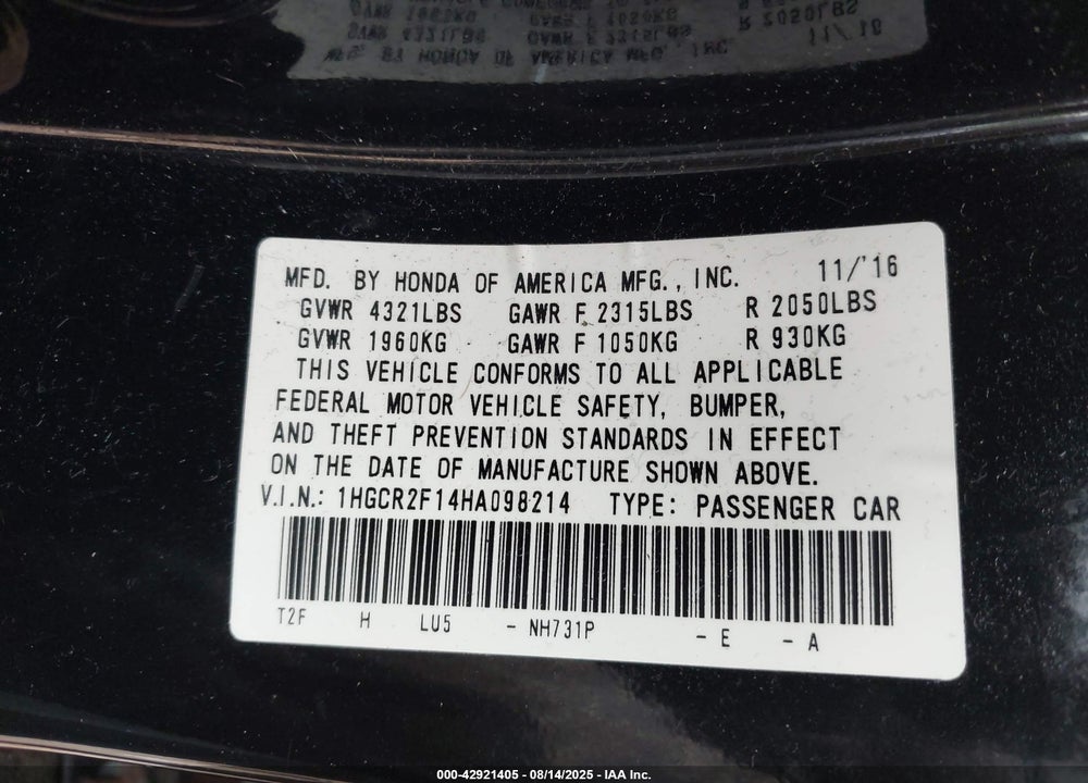 2017 HONDA ACCORD VIN: 1HGCR2F14HA098214