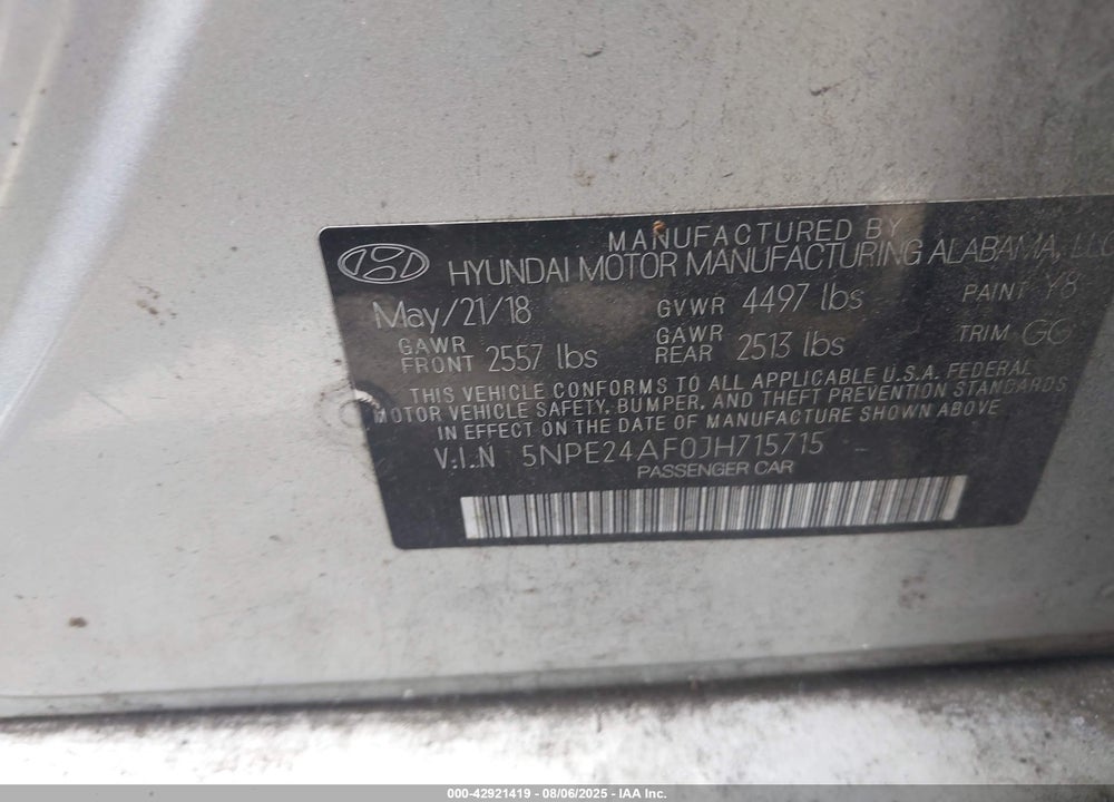 2018 HYUNDAI SONATA VIN: 5NPE24AF0JH715715