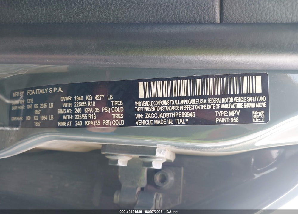 2017 JEEP RENEGADE VIN: ZACCJADB7HPE99946