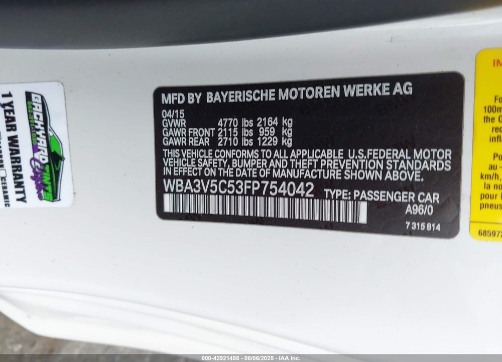 2015 BMW 4 SERIES VIN: WBA3V5C53FP754042