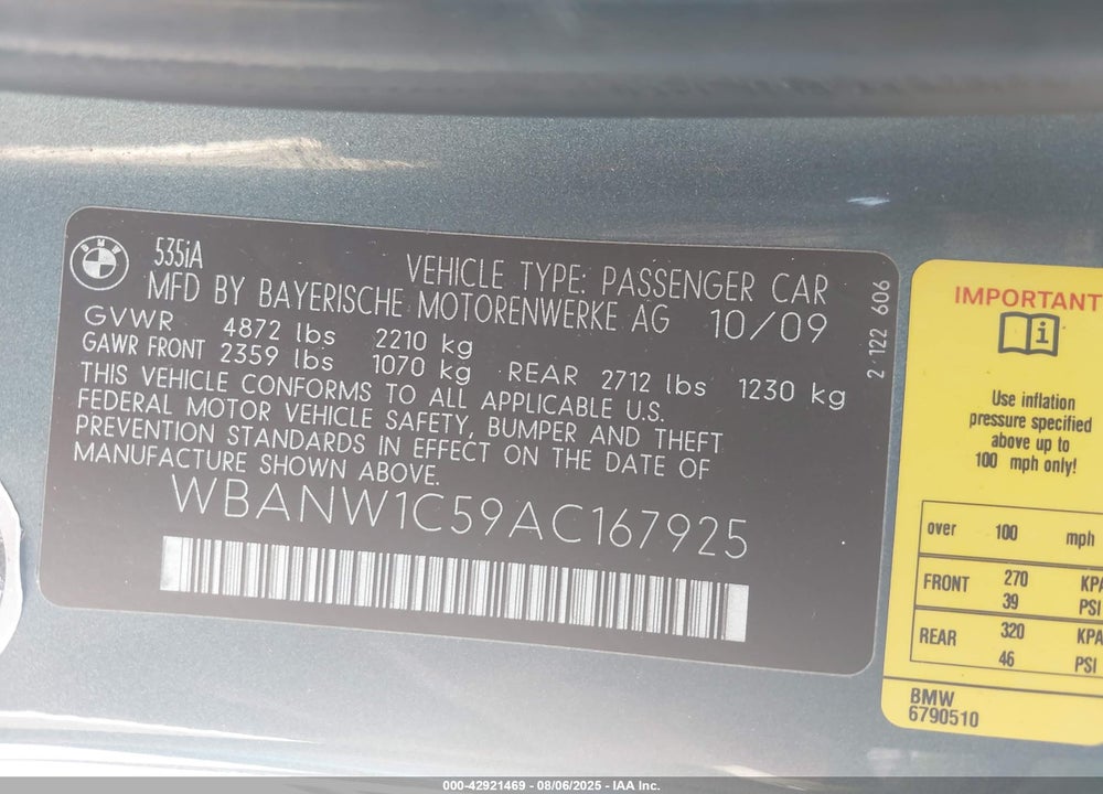 2010 BMW 535I VIN: WBANW1C59AC167925