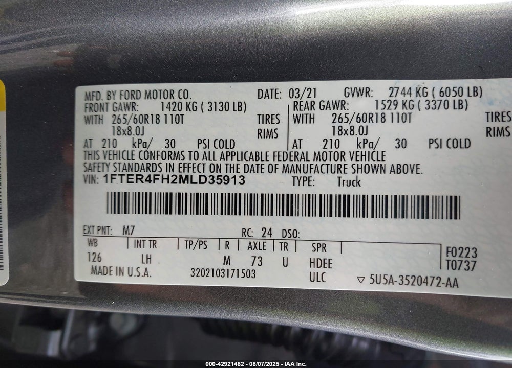 2021 FORD RANGER VIN: 1FTER4FH2MLD35913