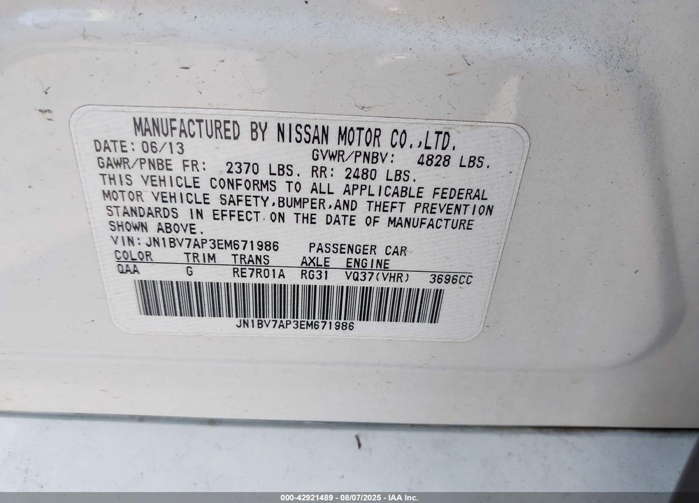 2014 INFINITI Q50 SPORT VIN: JN1BV7AP3EM671986