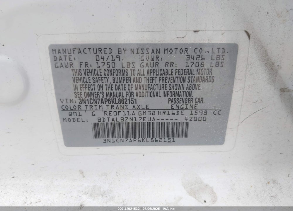2019 NISSAN VERSA VIN: 3N1CN7AP6KL862151