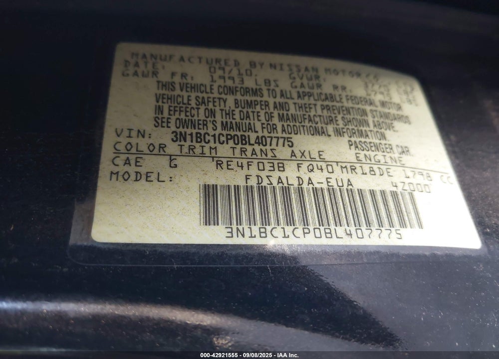 2011 NISSAN VERSA VIN: 3N1BC1CP0BL407775