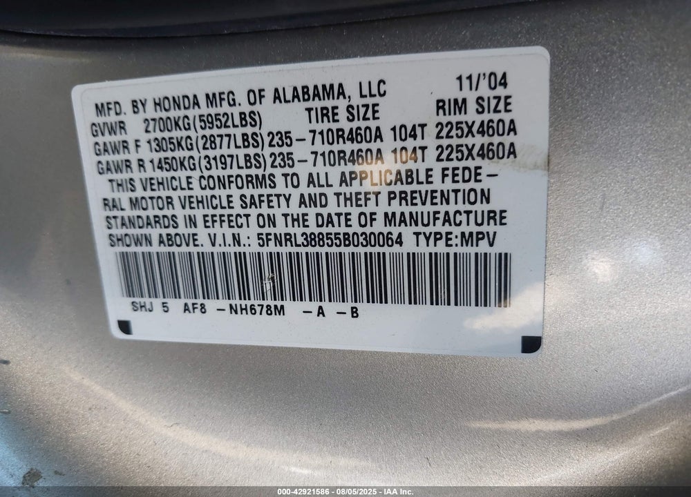 2005 HONDA ODYSSEY TOURING VIN: 5FNRL38855B030064
