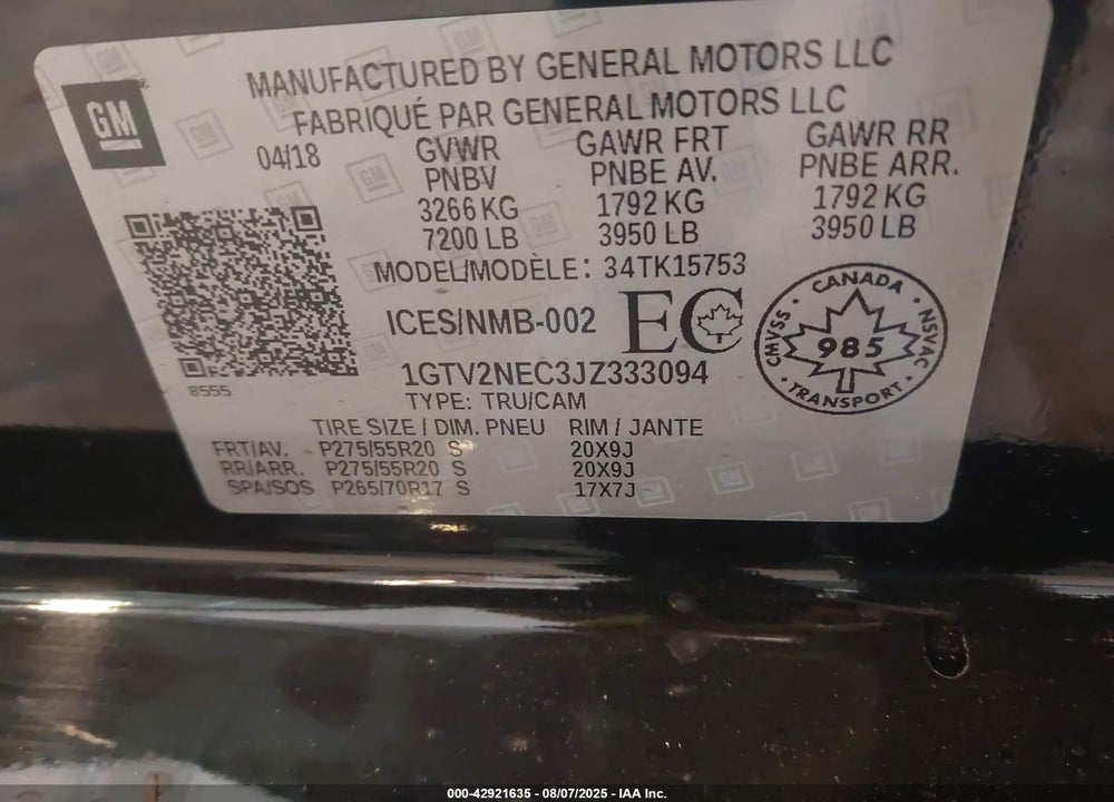 2018 GMC SIERRA 1500 VIN: 1GTV2NEC3JZ333094