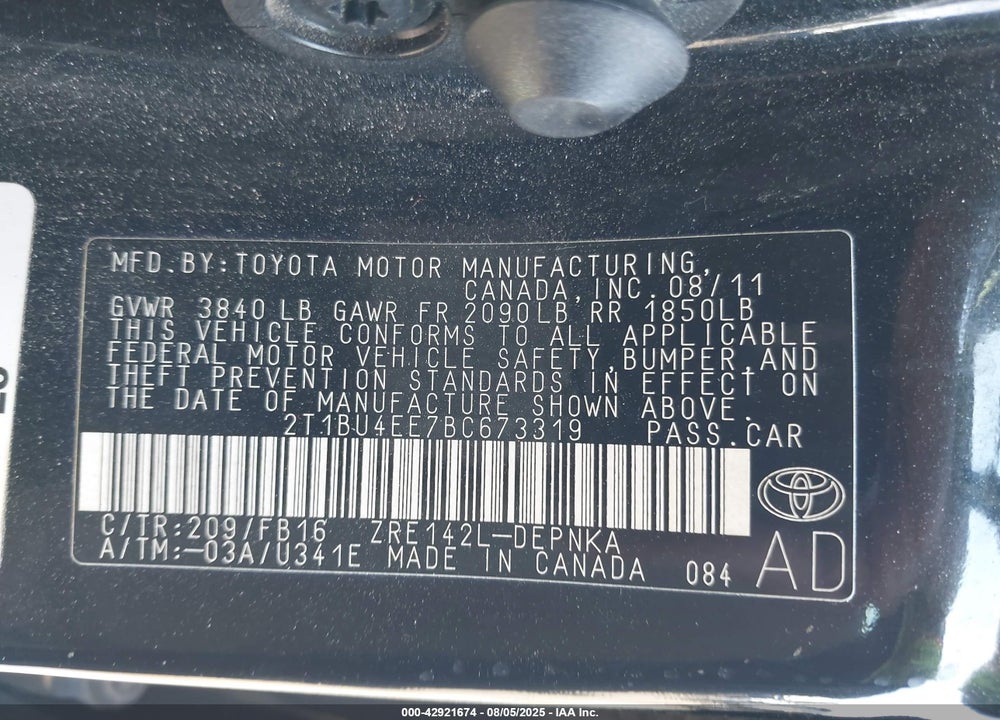 2011 TOYOTA COROLLA LE VIN: 2T1BU4EE7BC673319