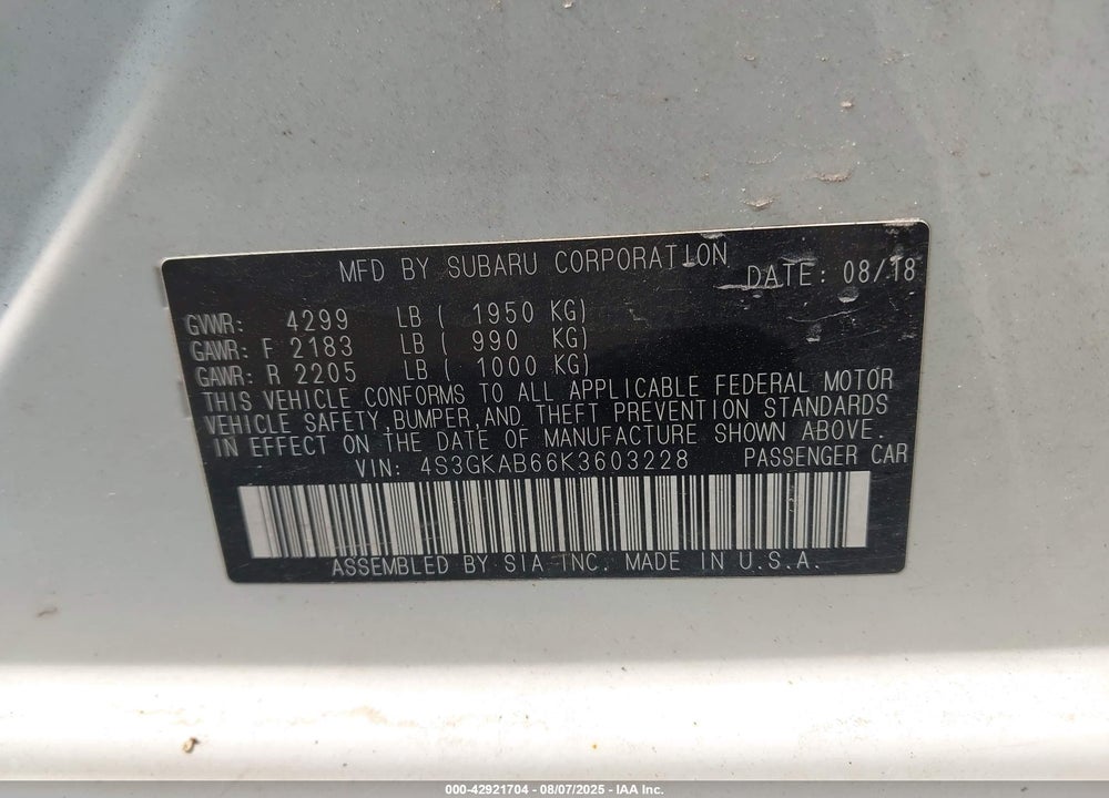 2019 SUBARU IMPREZA 2.0I VIN: 4S3GKAB66K3603228