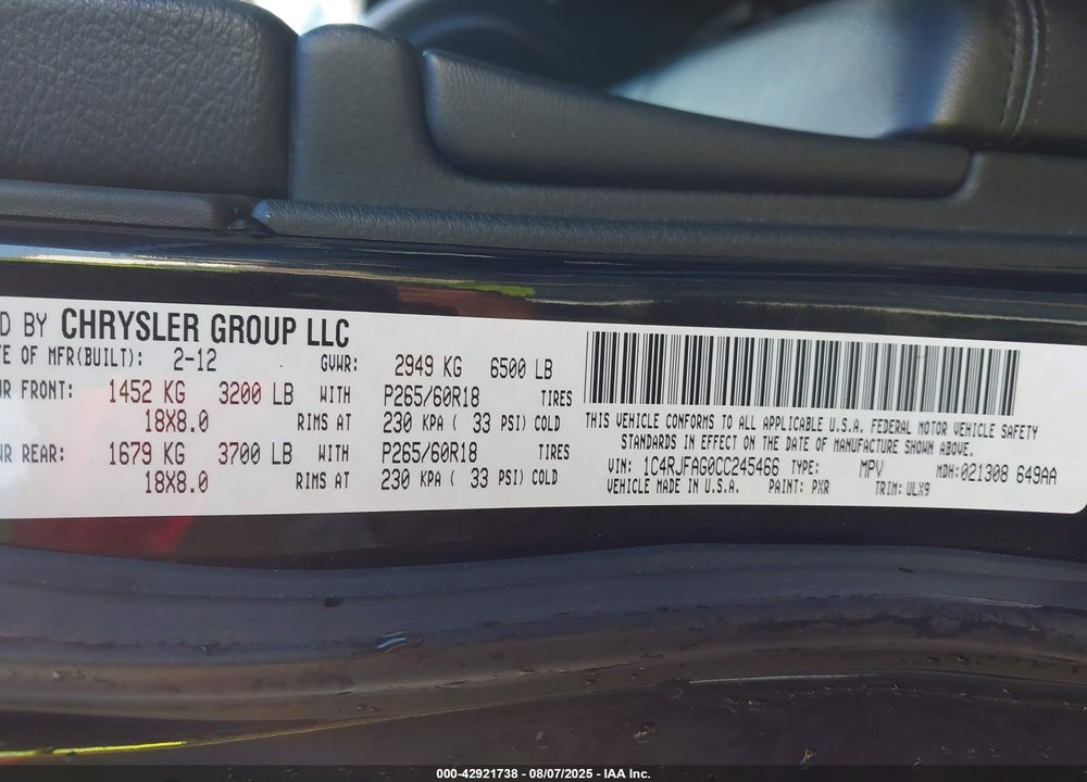 2012 JEEP GRAND CHEROKEE LAREDO VIN: 1C4RJFAG0CC245466