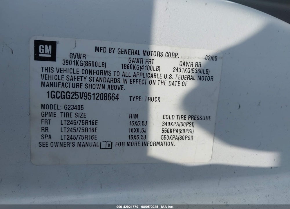 2005 CHEVROLET EXPRESS VIN: 1GCGG25V951208664