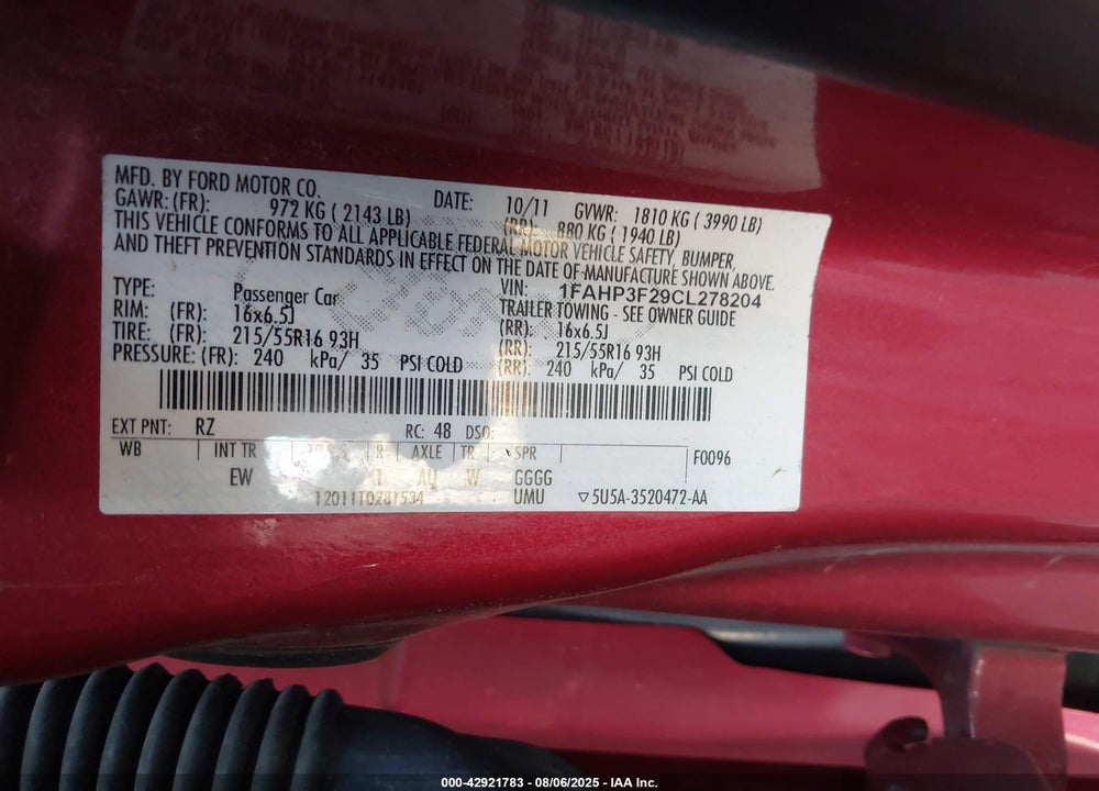 2012 FORD FOCUS VIN: 1FAHP3F29CL278204
