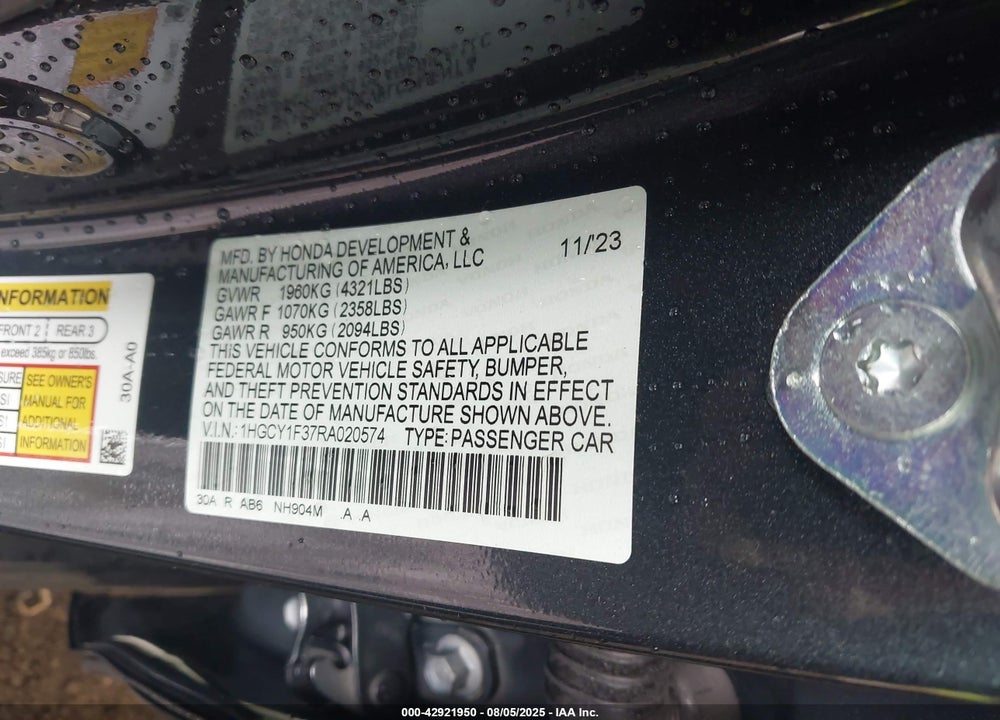 2024 HONDA ACCORD EX VIN: 1HGCY1F37RA020574