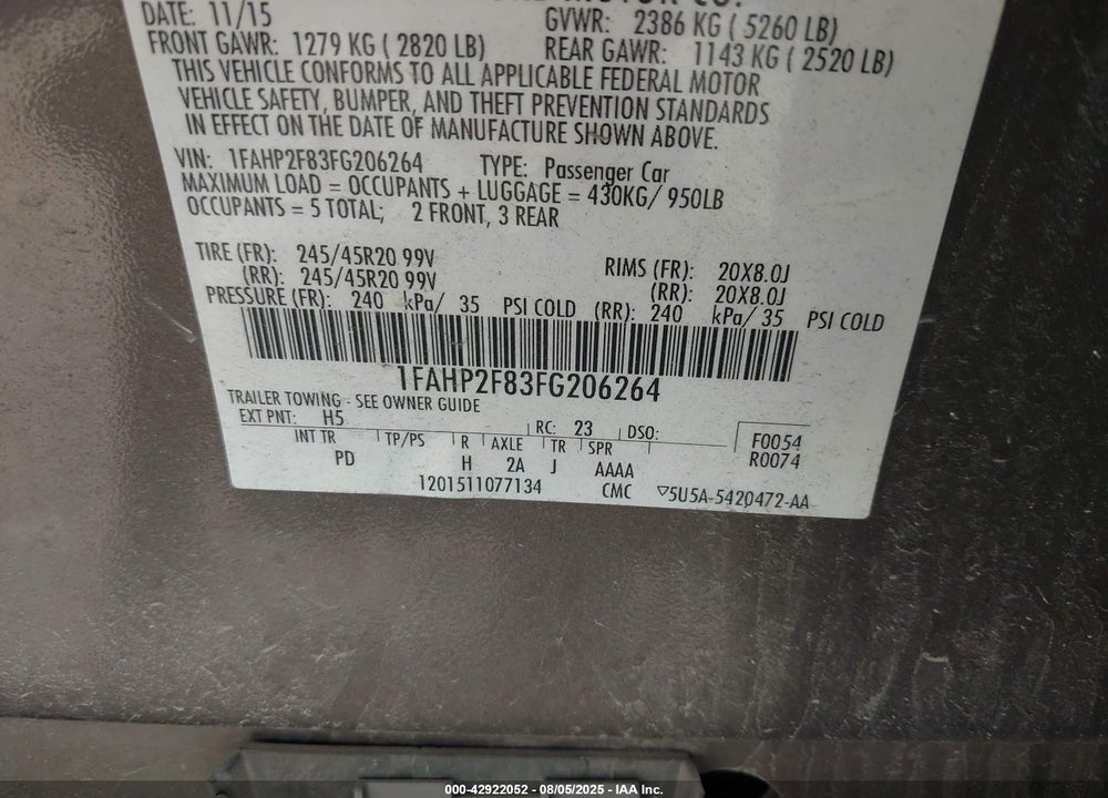 2015 FORD TAURUS LIMITED VIN: 1FAHP2F83FG206264
