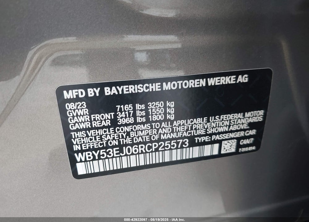 2024 BMW I7 VIN: WBY53EJ06RCP25573
