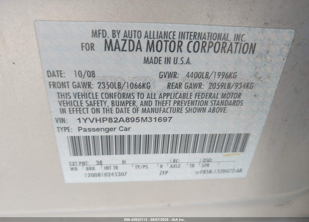 2009 MAZDA 6 I VIN: 1YVHP82A895M31697