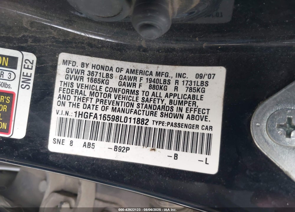 2008 HONDA CIVIC LX VIN: 1HGFA16598L011882