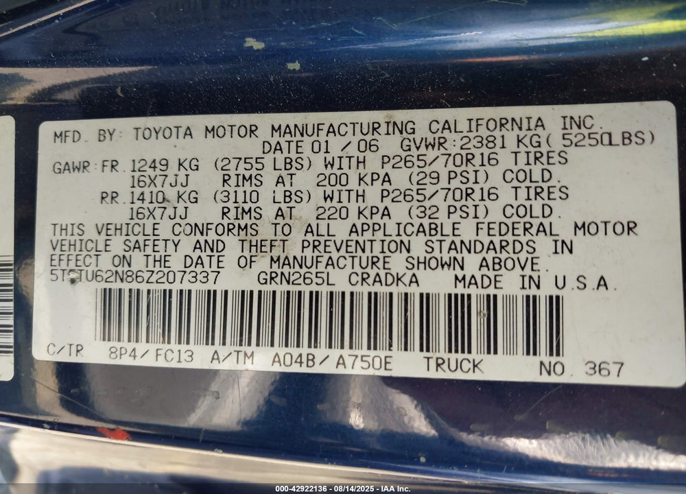 2006 TOYOTA TACOMA PRERUNNER V6 VIN: 5TETU62N86Z207337