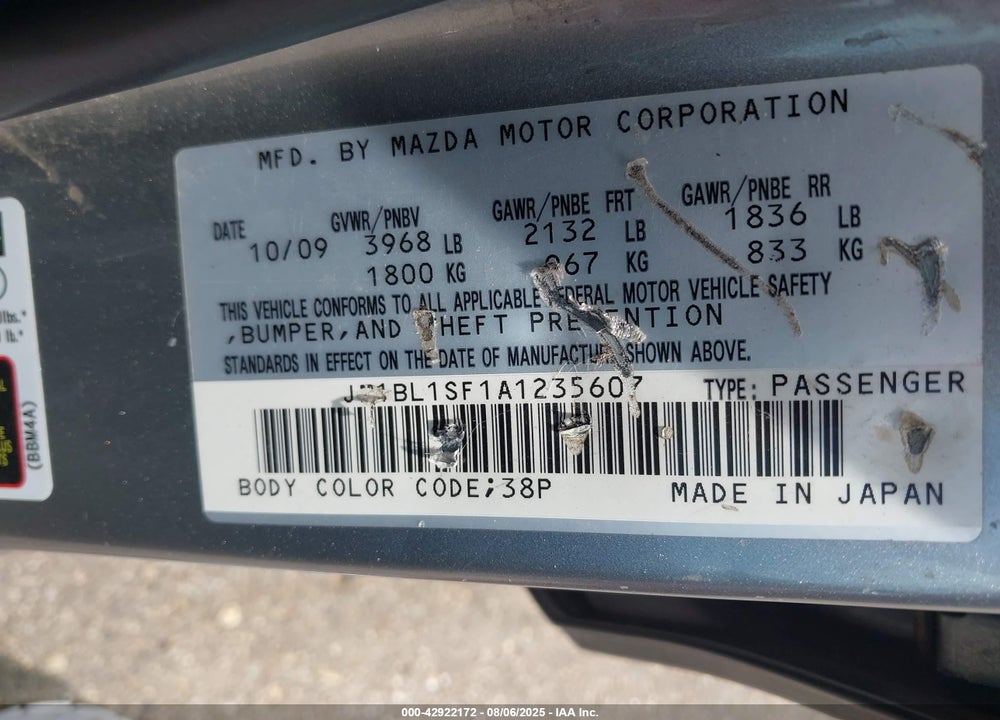 2010 MAZDA 3 VIN: JM1BL1SF1A1235607