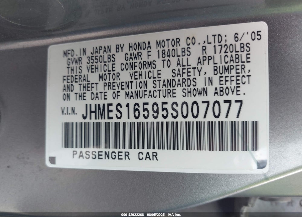 2005 HONDA CIVIC LX VIN: JHMES16595S007077