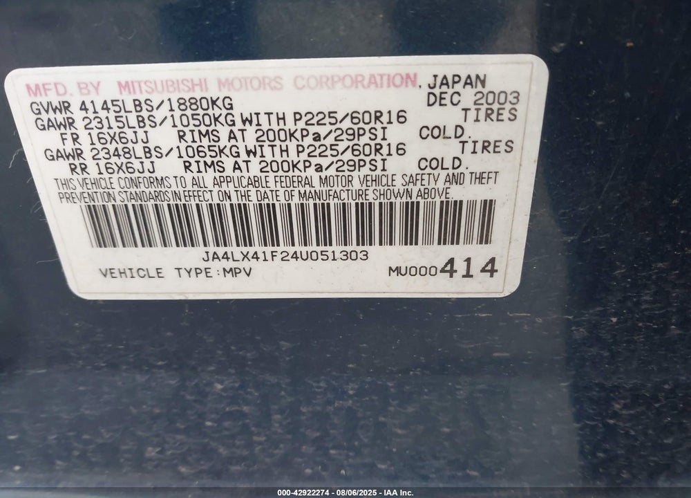 2004 MITSUBISHI OUTLANDER XLS VIN: JA4LX41F24U051303