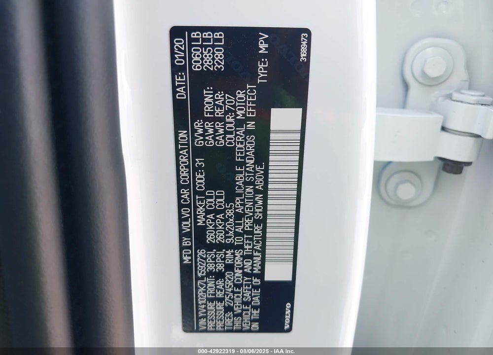 2020 VOLVO XC90 VIN: YV4102PK7L1592726