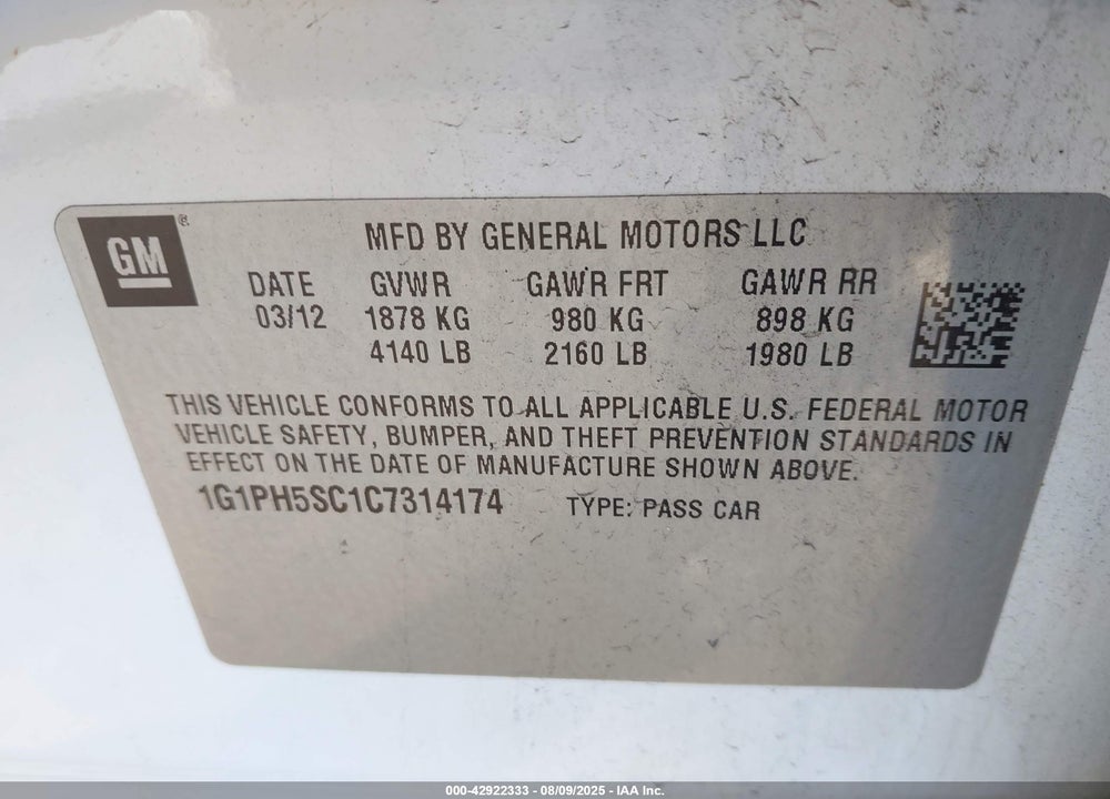 2012 CHEVROLET CRUZE VIN: 1G1PH5SC1C7314174