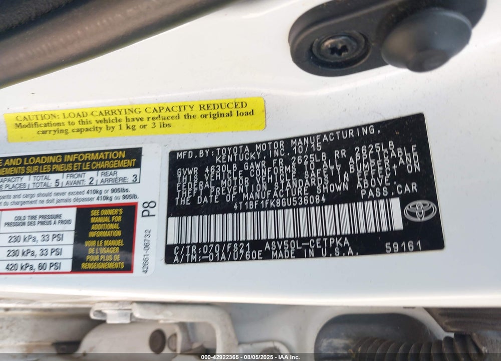 2016 TOYOTA CAMRY VIN: 4T1BF1FK8GU536084