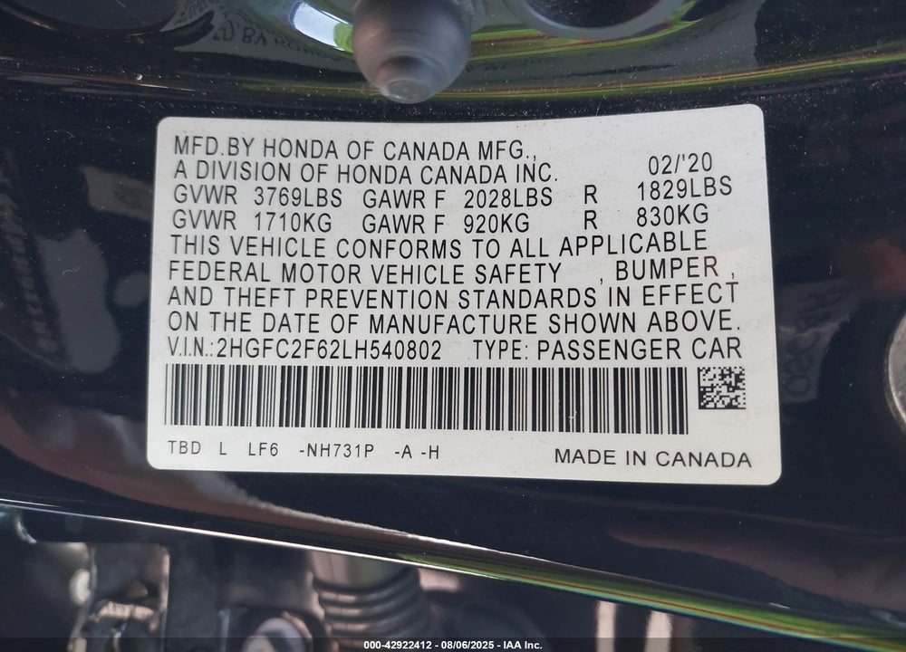 2020 HONDA CIVIC VIN: 2HGFC2F62LH540802