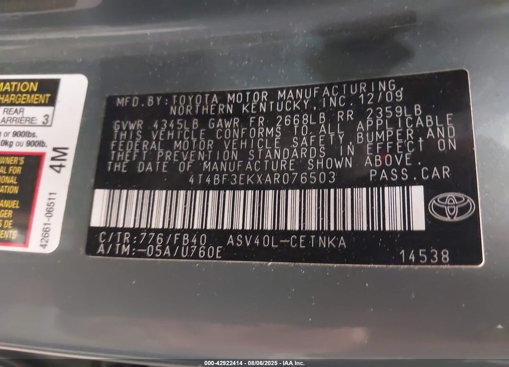 2010 TOYOTA CAMRY VIN: 4T4BF3EKXAR076503