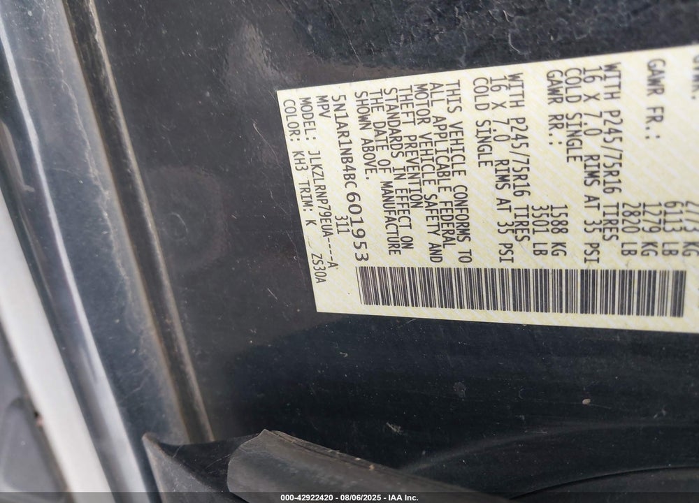2011 NISSAN PATHFINDER S VIN: 5N1AR1NB4BC601953