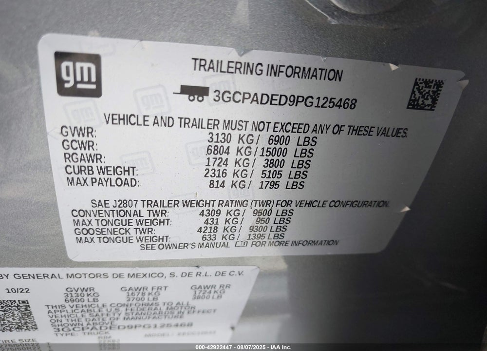 2023 CHEVROLET SILVERADO 1500 VIN: 3GCPADED9PG125468