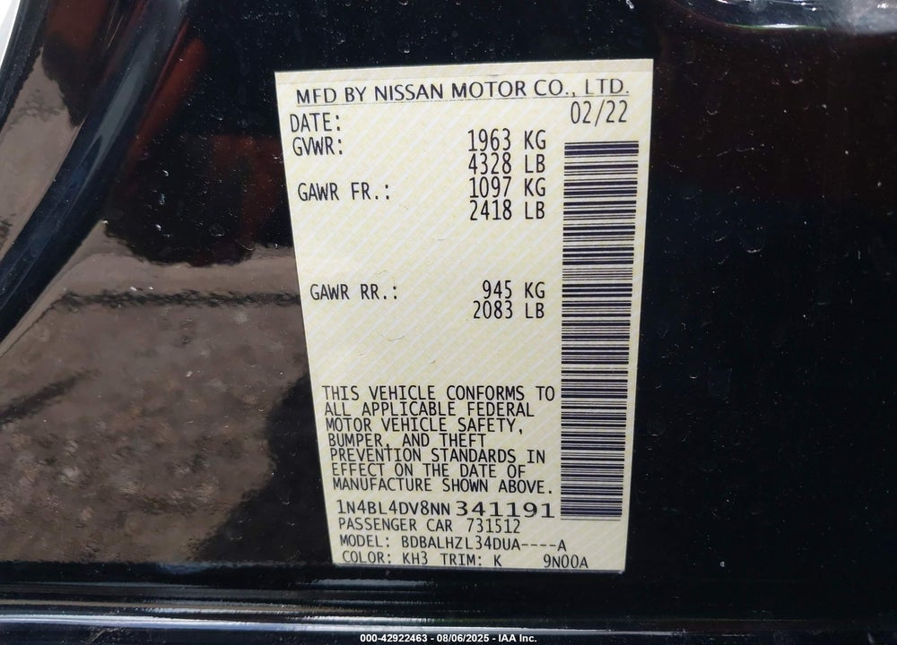 2022 NISSAN ALTIMA VIN: 1N4BL4DV8NN341191