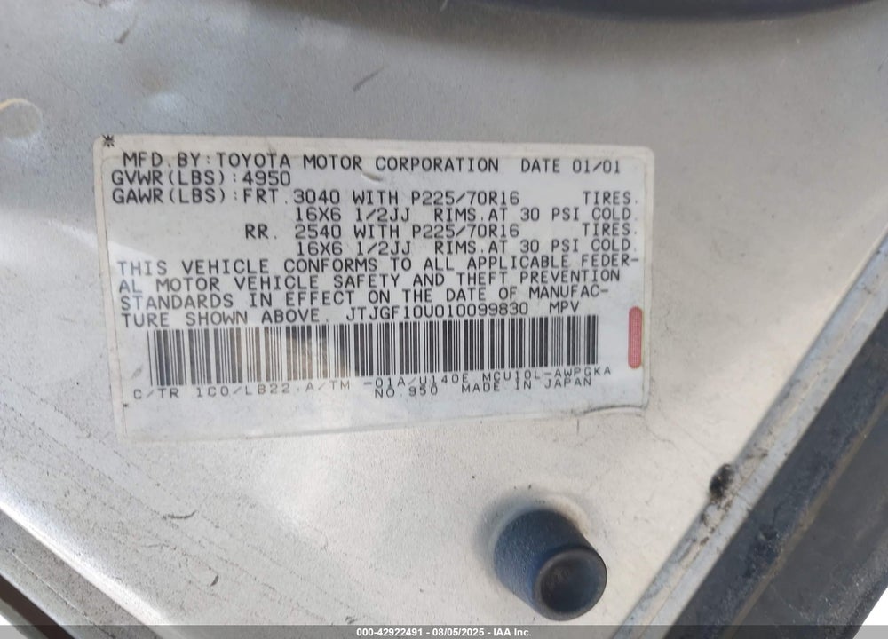 2001 LEXUS RX 300 VIN: JTJGF10U010099830