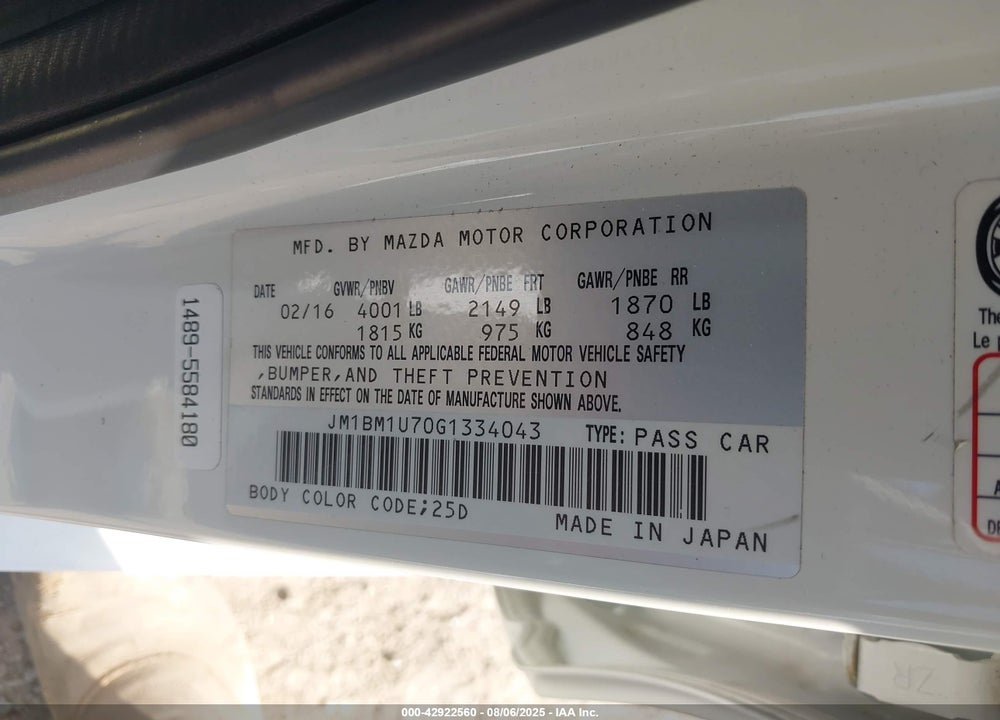 2016 MAZDA 3 VIN: JM1BM1U70G1334043