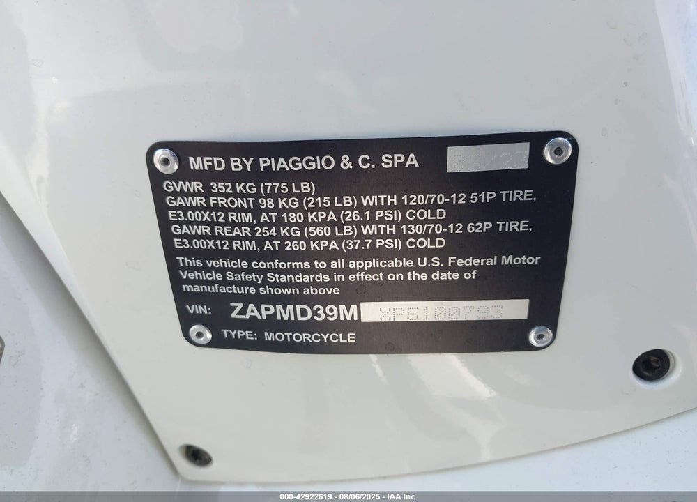 2023 VESPA GTS/SEI GIORNI 300 VIN: ZAPMD39MXP5100793