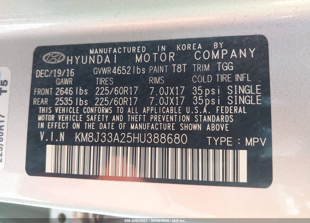 2017 HYUNDAI TUCSON VIN: KM8J33A25HU388680