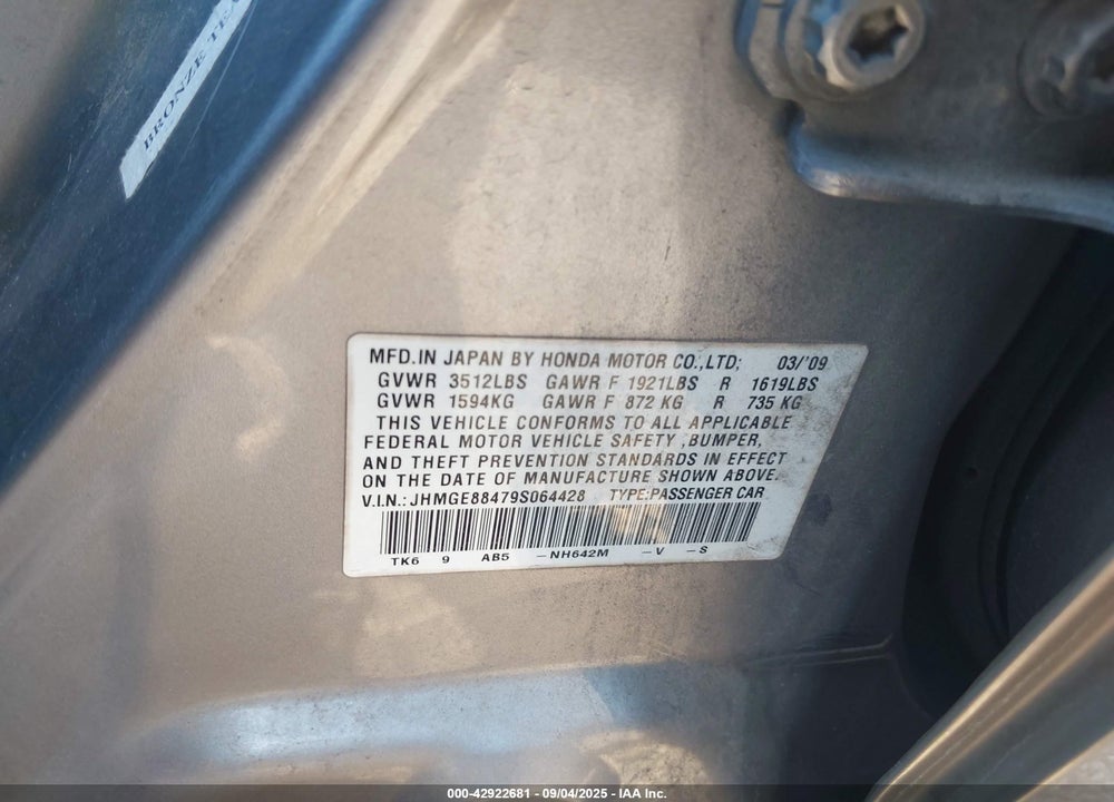 2009 HONDA FIT SPORT VIN: JHMGE88479S064428