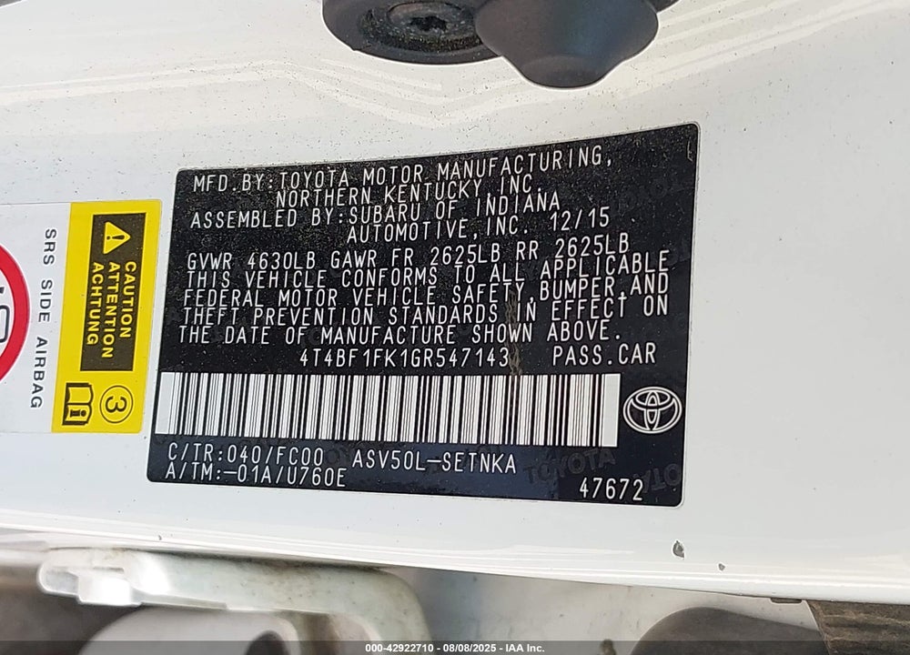 2016 TOYOTA CAMRY VIN: 4T4BF1FK1GR547143